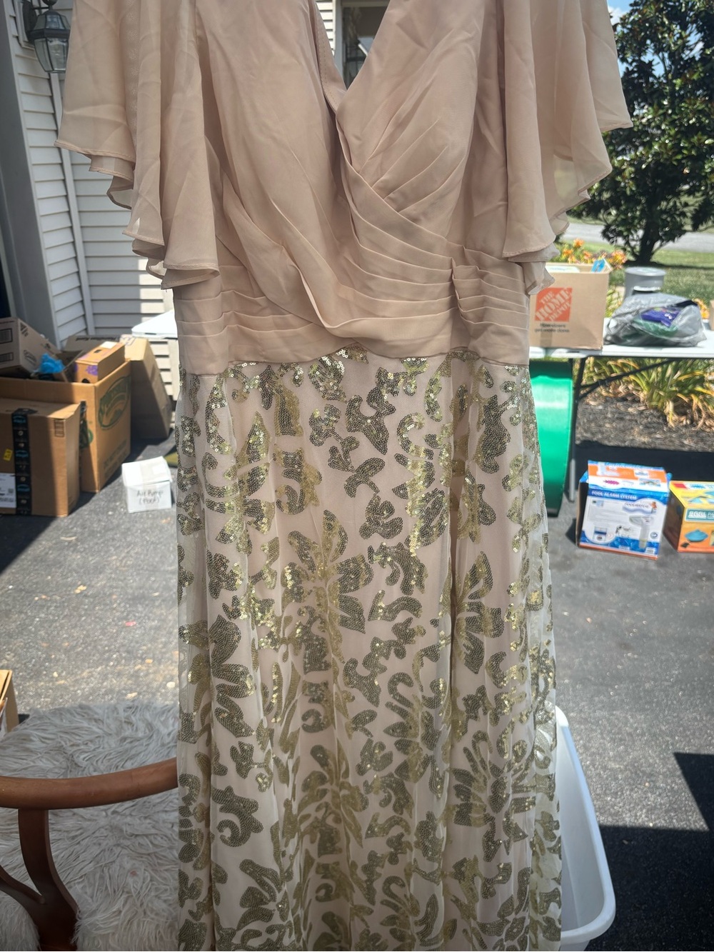 Beaded Champagne Overlay Evening Gown